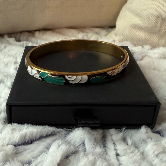 NIB Teal & Black Shell Enamel Bangle - 18K Gold Overlay on Stainless Steel - Picture 1 of 3